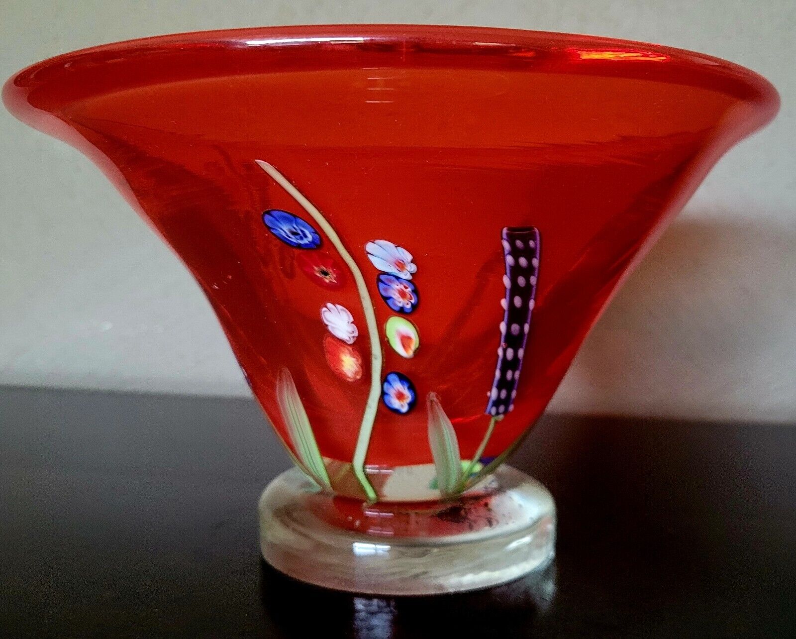 Mid-Century Modern Art Glass Tangerine & Millefiori Decoration Pedestal Bowl