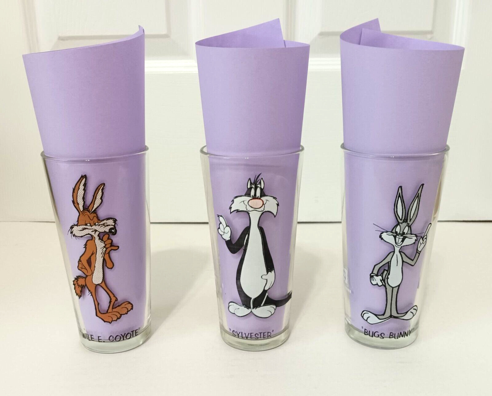 Lot of 3 Vintage 1973 Pepsi Looney Tunes Glasses, Wile, Sylvester, and Bugs