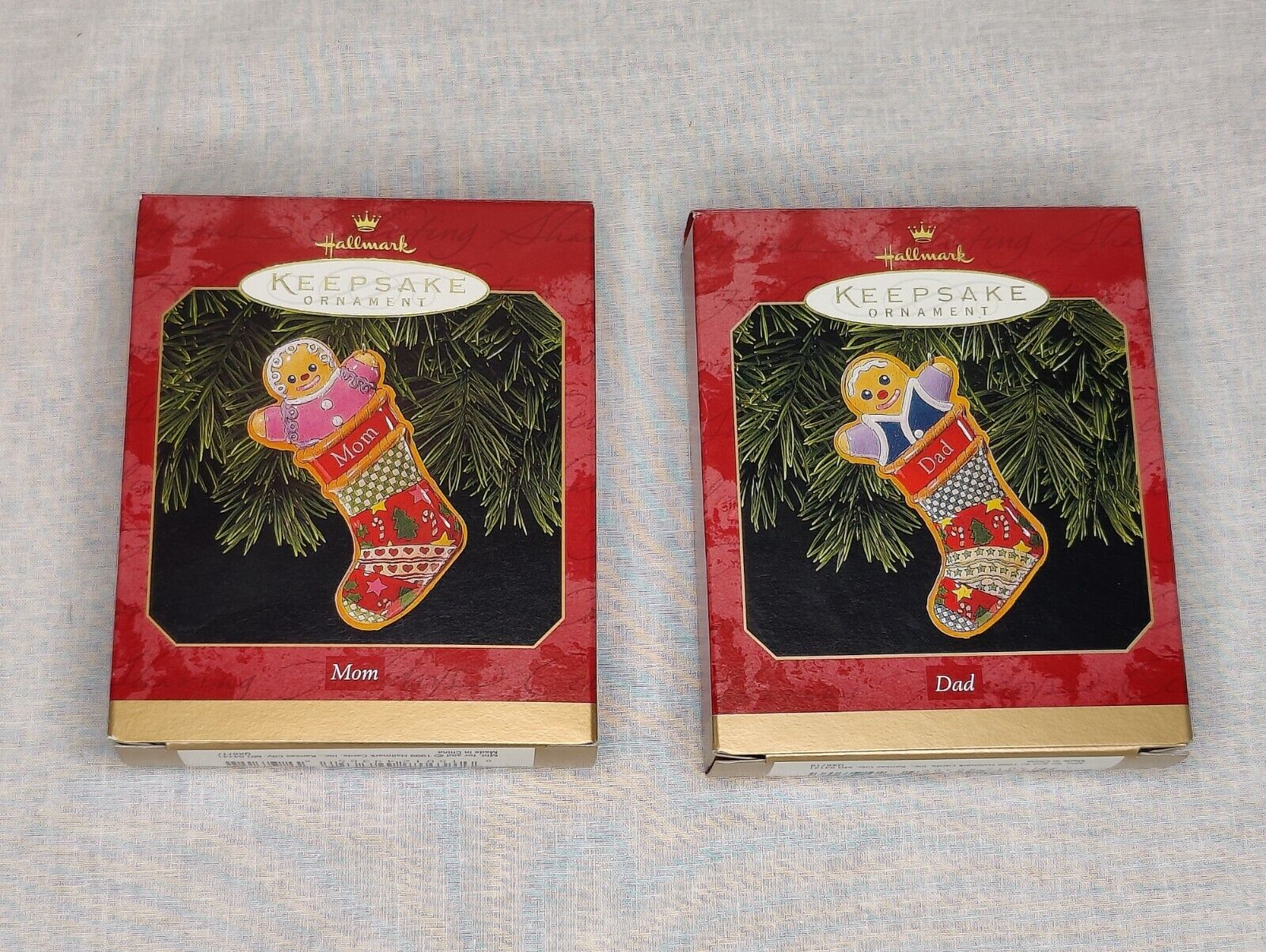 1999 Hallmark Keepsake Ornaments Mom Dad Gingerbread in Stockings Set of 2