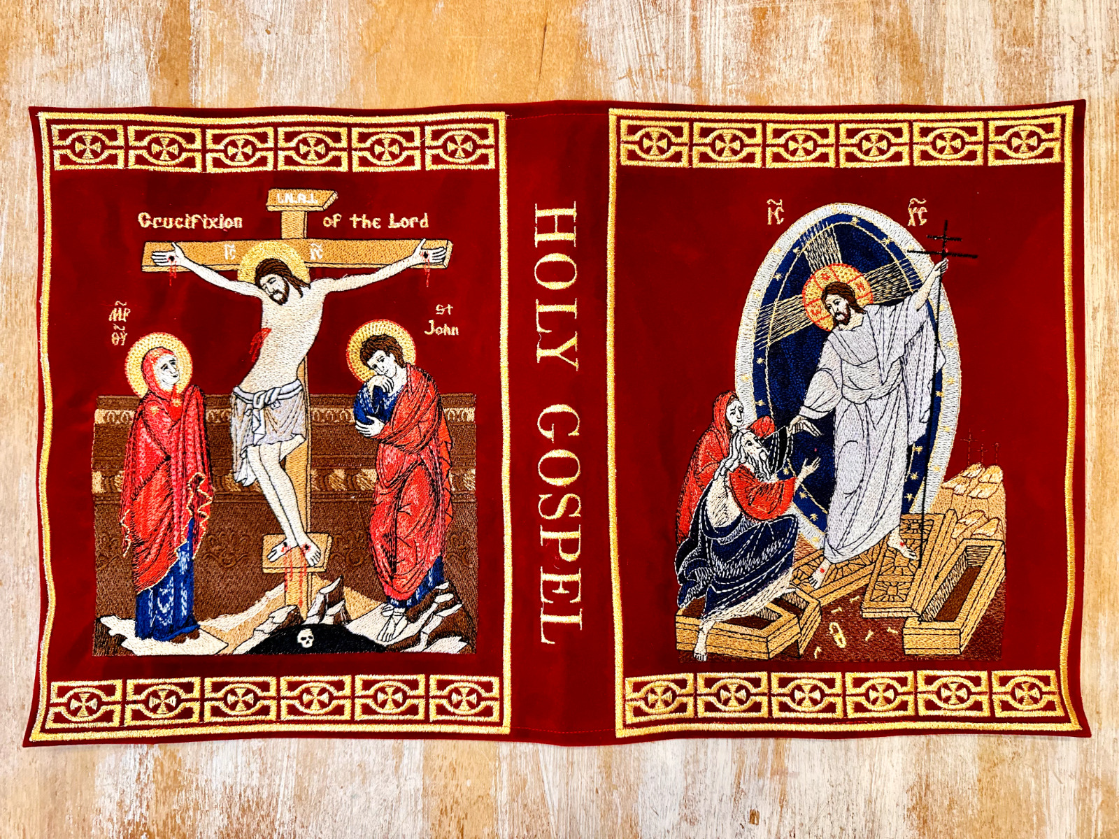 Fully Embroidered Gospel Book Cover With Two Icons Velvet Cotton 100%