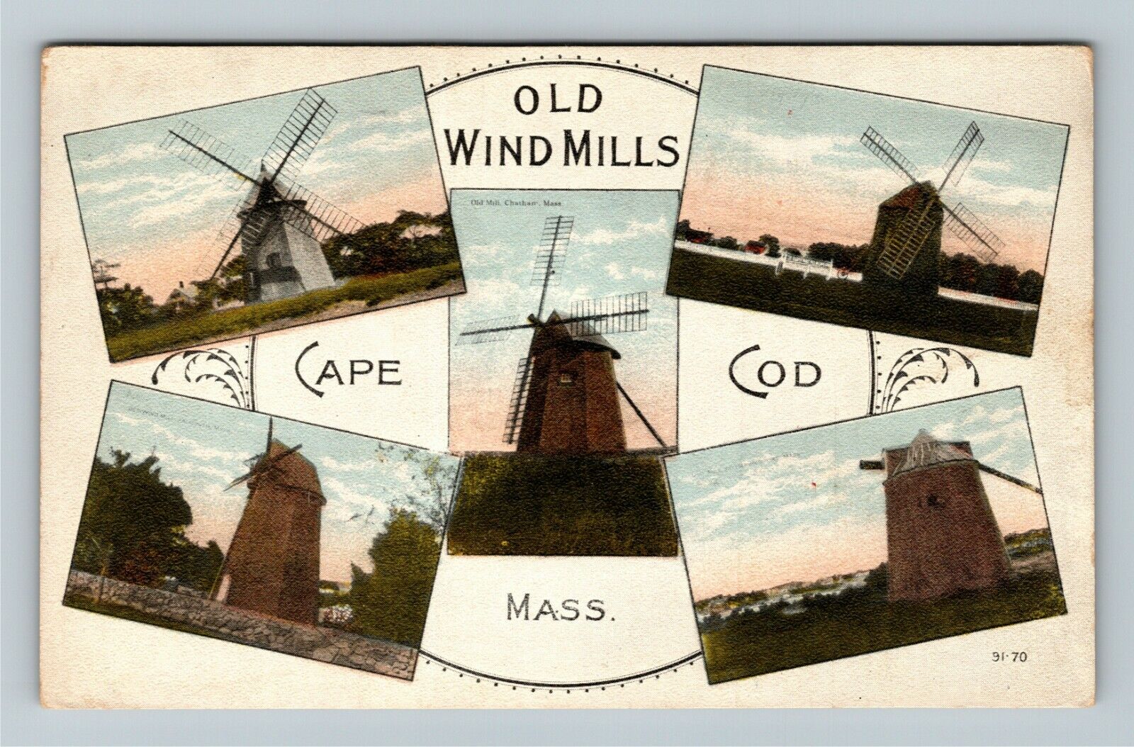 Cape Cod MA-Massachusetts, Old Wind Mills, Five Different, Vintage Postcard