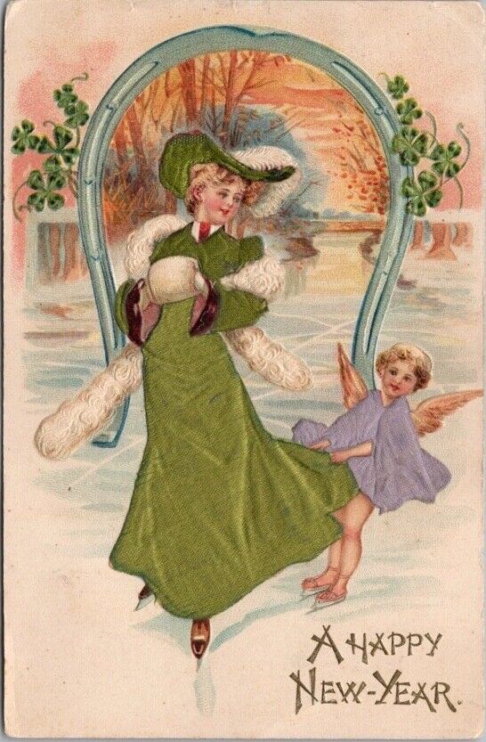 c1910s HAPPY NEW YEAR Embossed Postcard Ice-Skating Angel / Real Silk Cloth