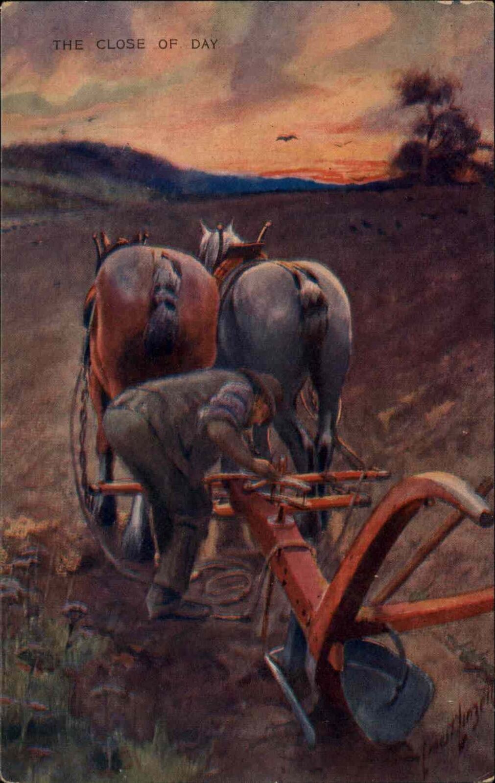 Ernest Linzell Farmer Unhooks Plow Horses Sunset c1910 Vintage Postcard