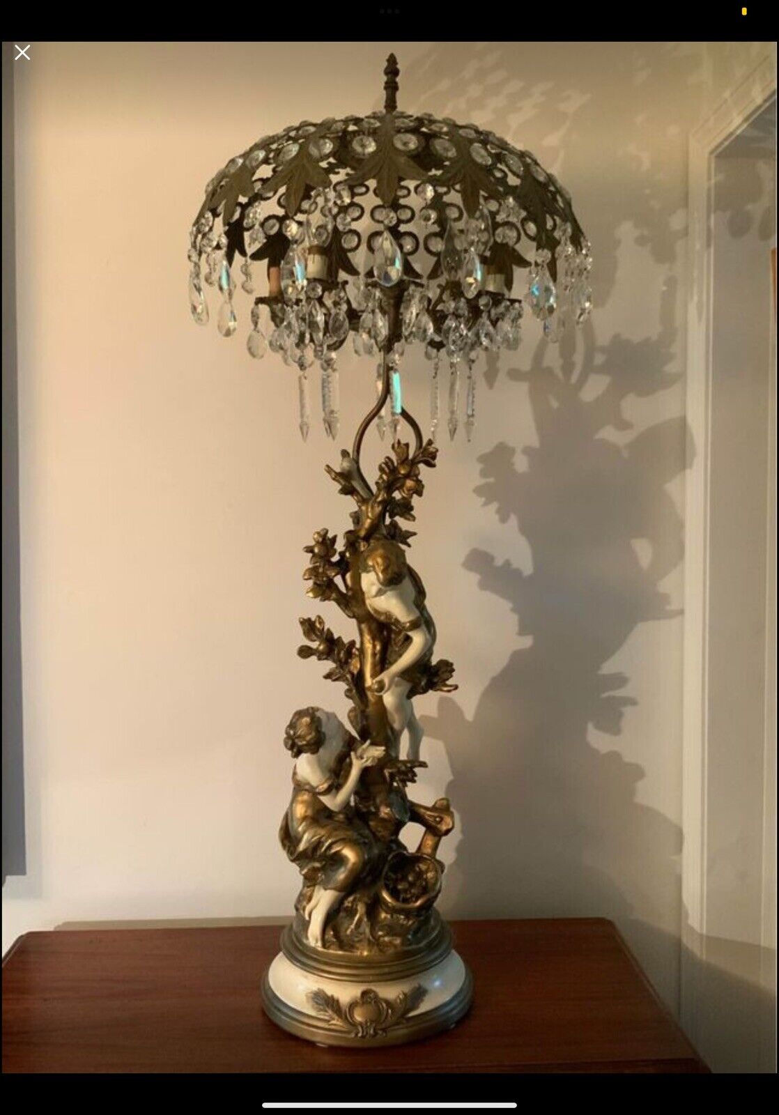 Exquisite Antique Figural Lamp With Crystal ‘Umbrella’ Shade