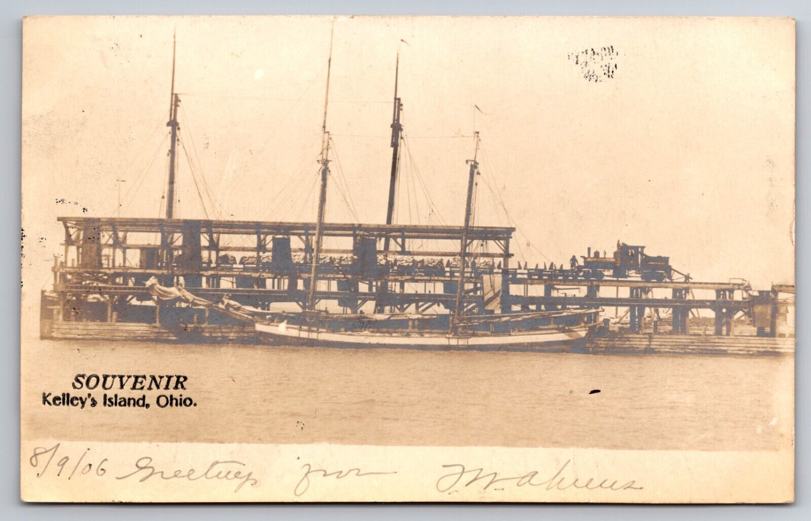 Railroad Dock Train Ship Kelleys Island Ohio 1906 Real Photo RPPC