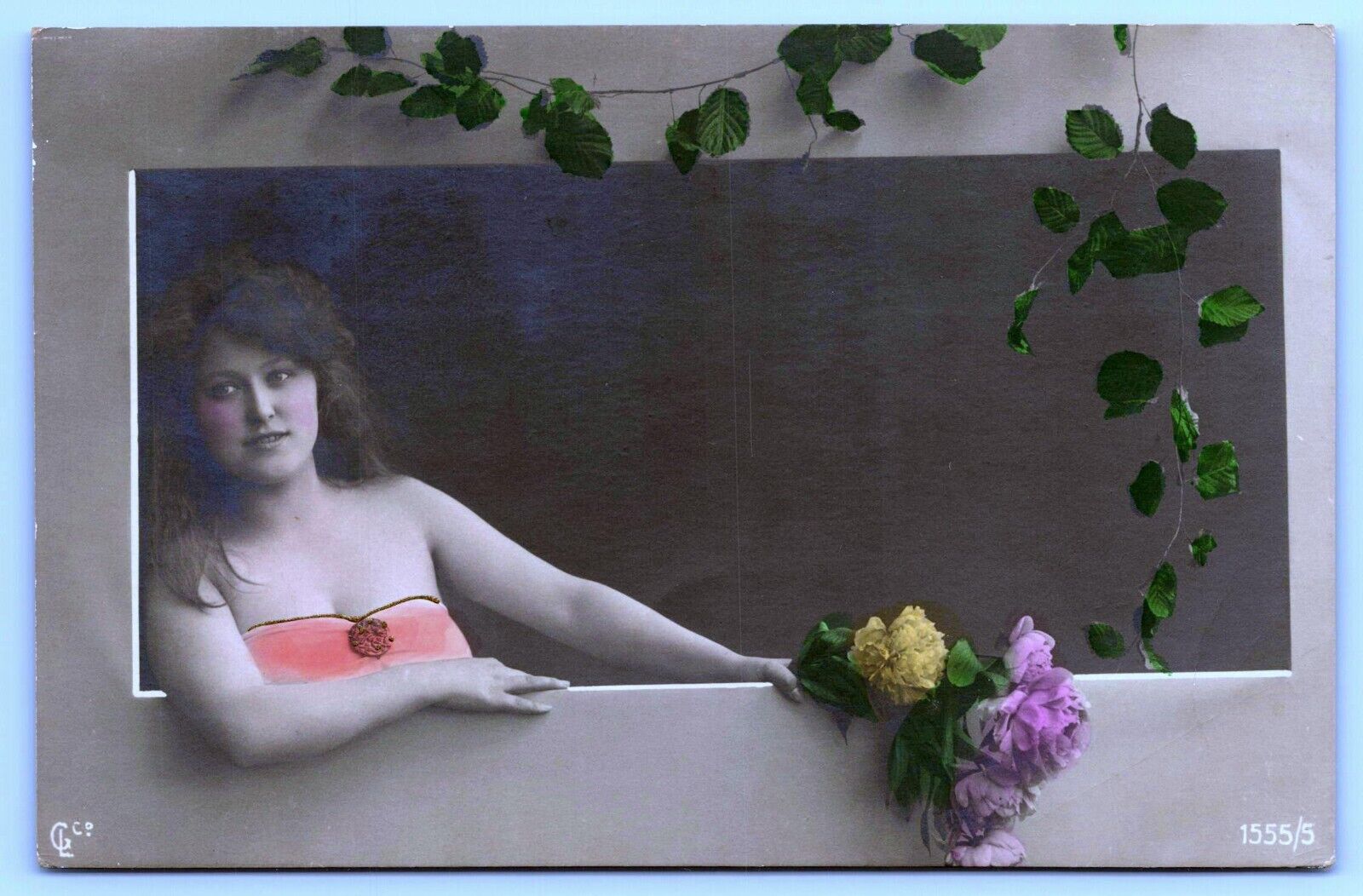 Real Photo Pretty Lady with Rose Bouquet Tinted RPPC Vintage Postcard