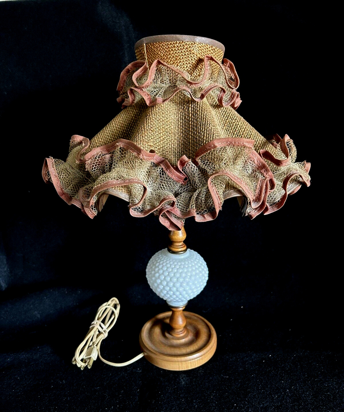 Vintage Milk Glass and Wood Lamp with Burlap Ruffle Shade 16” Tall