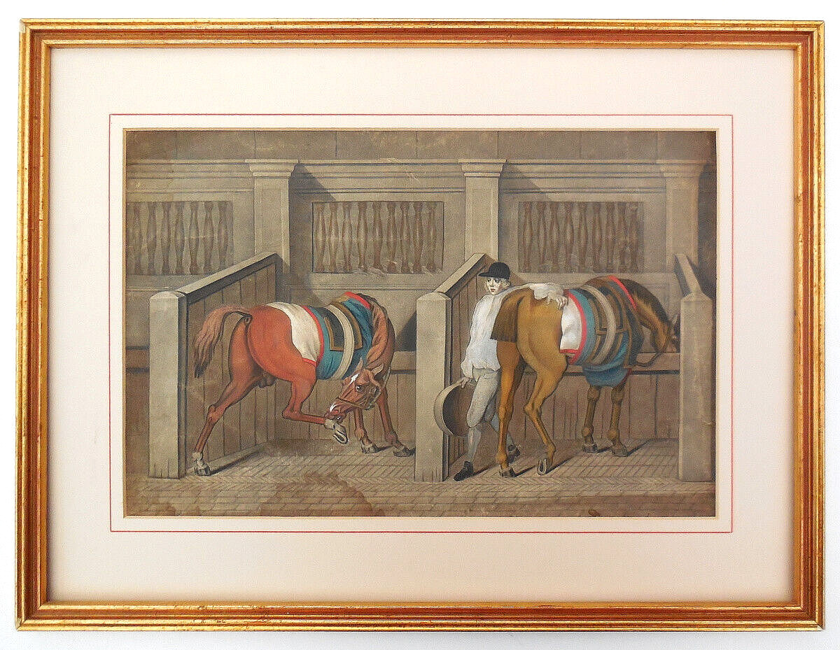Antique Georgian Hand Coloured Mezzotint Thomas Burford Horses in a Stable c1752