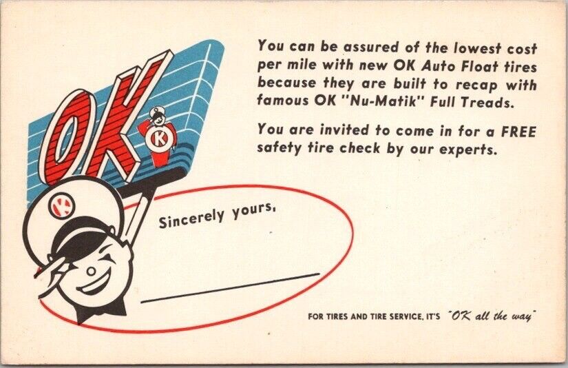 Vintage 1950s Tire Advertising Postcard 