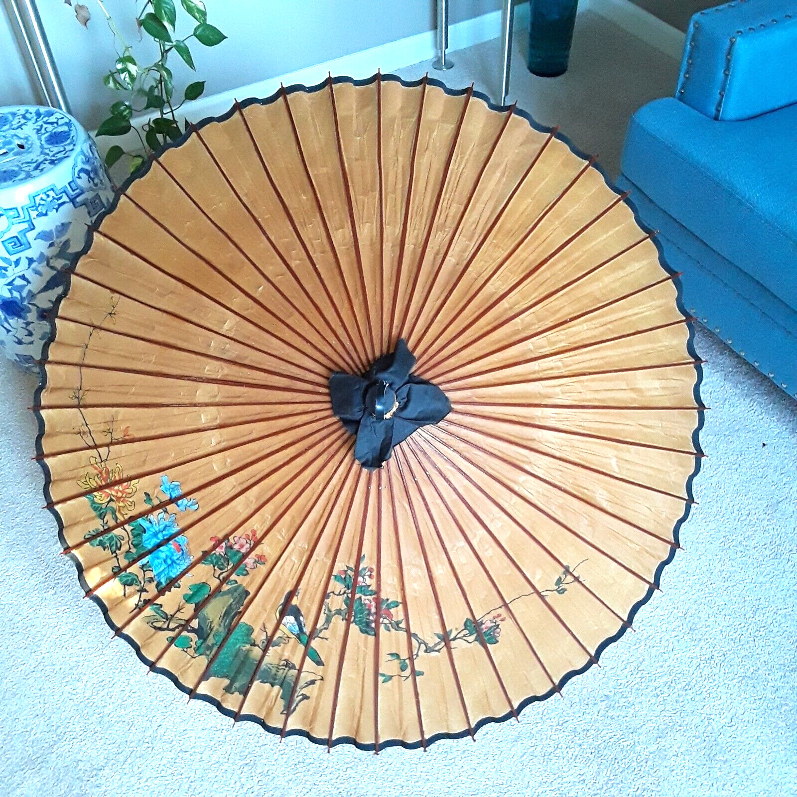 VTG Asian Large Paper Umbrella Hand Painted Full Size Japanese Parasol Handmade