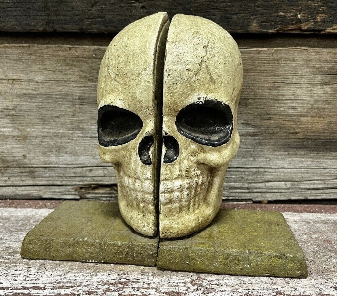 Cast Iron Pair of Skull Skeleton Head Retro Heavy Bookends