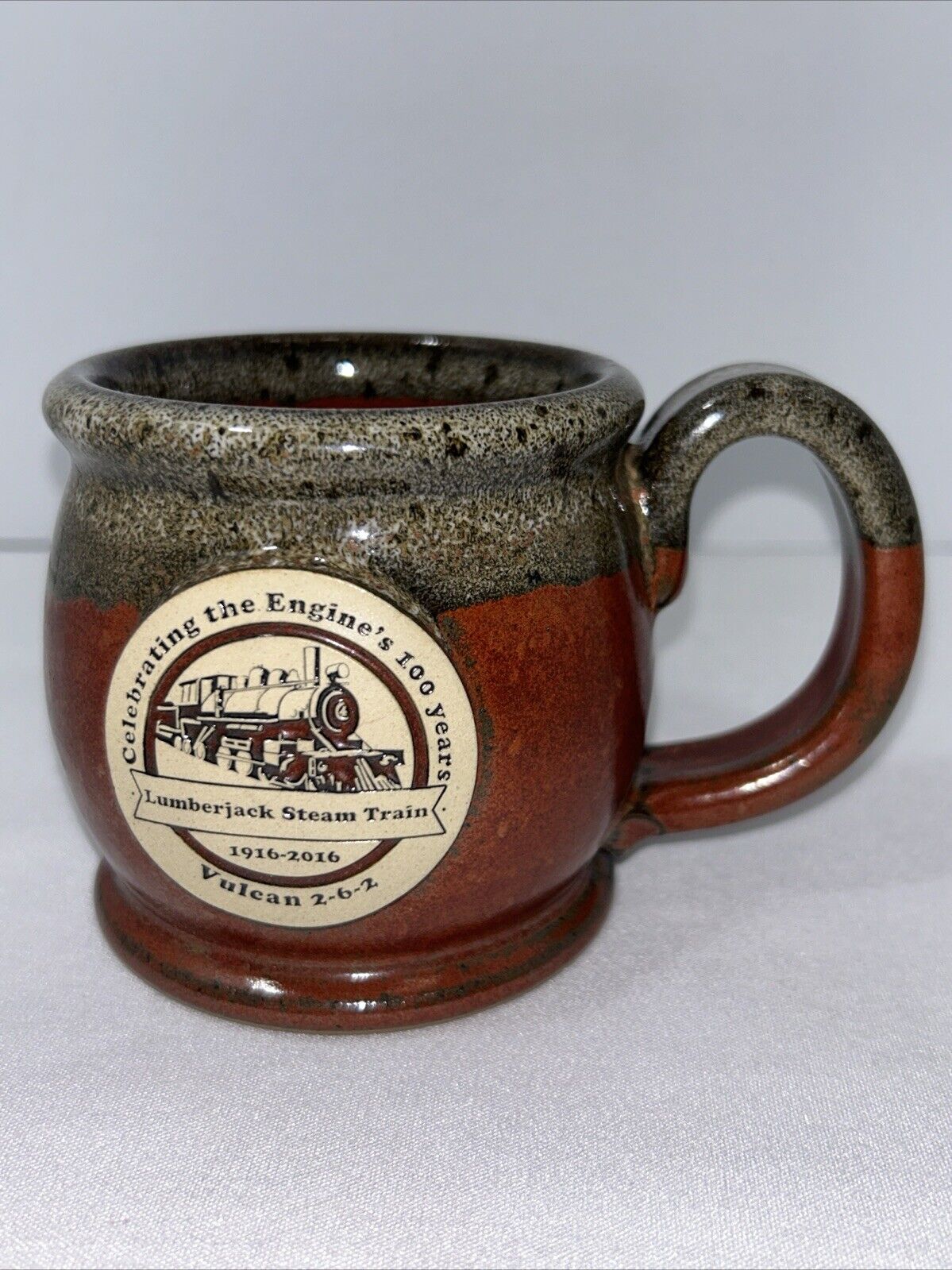 Sunset Hill Stoneware Lumberjack Steam Train Engines 100 yrs Souvenir Coffee Mug