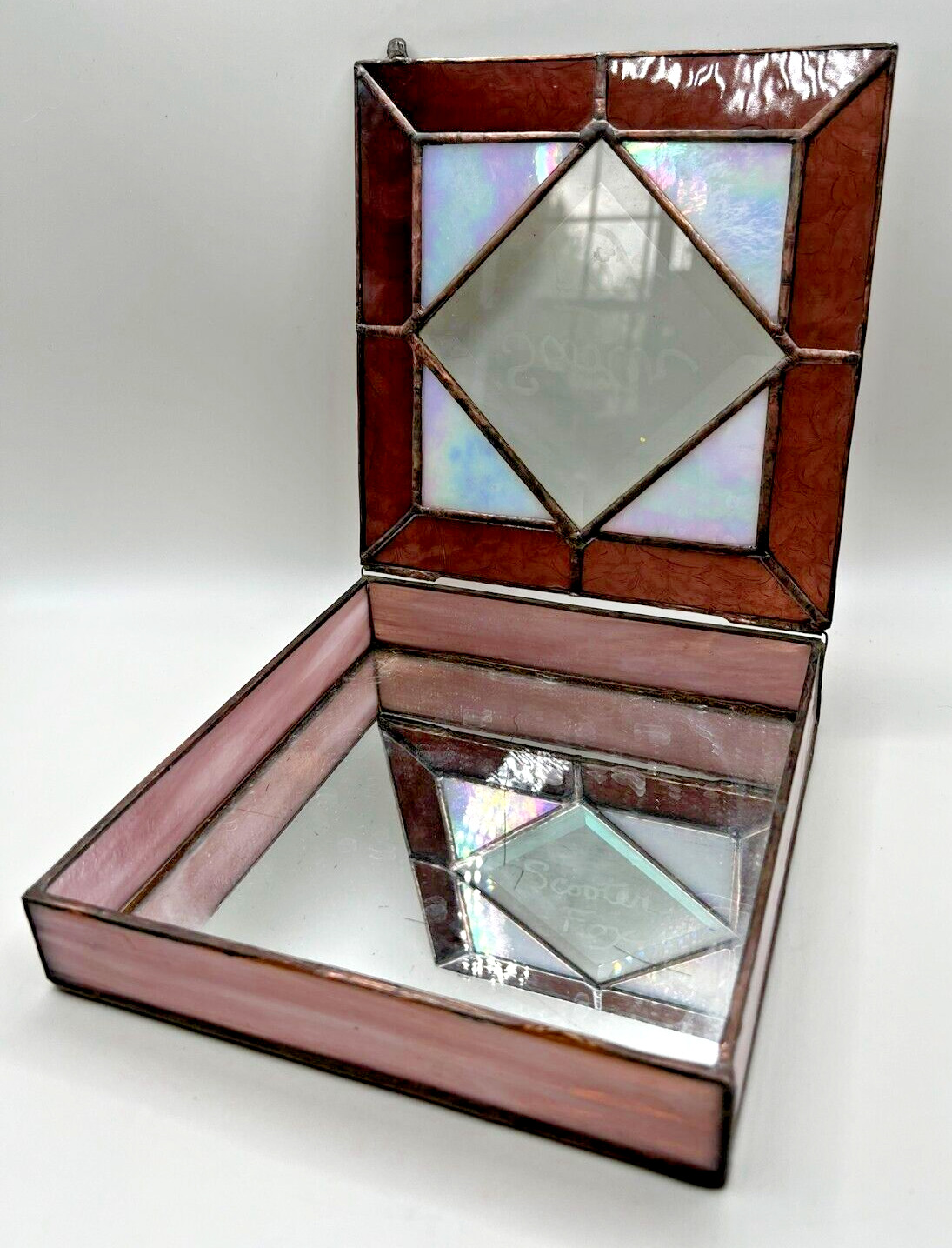 Vintage Handmade Leaded Stained Glass Keepsake Trinket Box w/ Mirrored Bottom