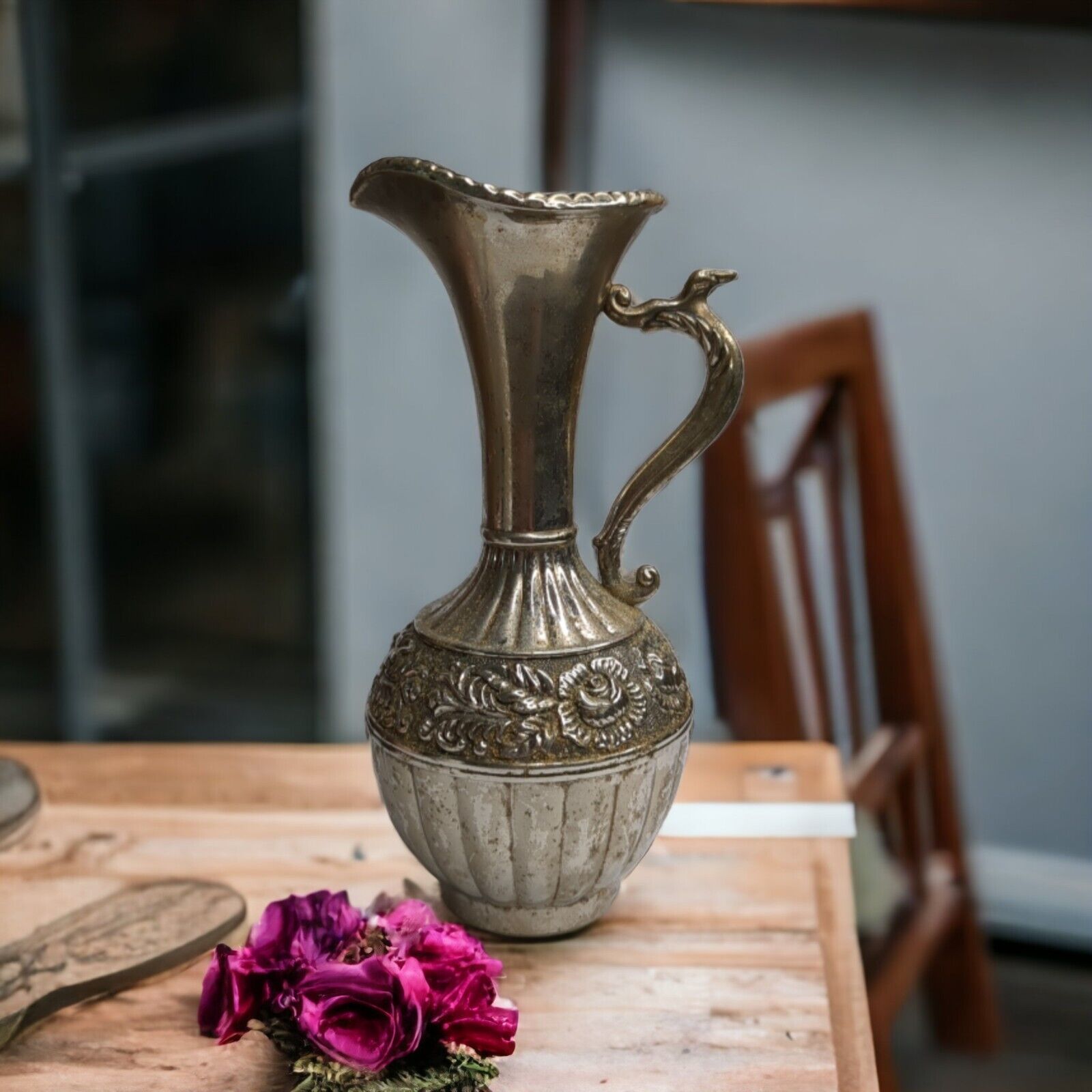 Vintage Silver Plated Ornate Vase Pitcher Tarnished Metal Victorian Cottage Chic