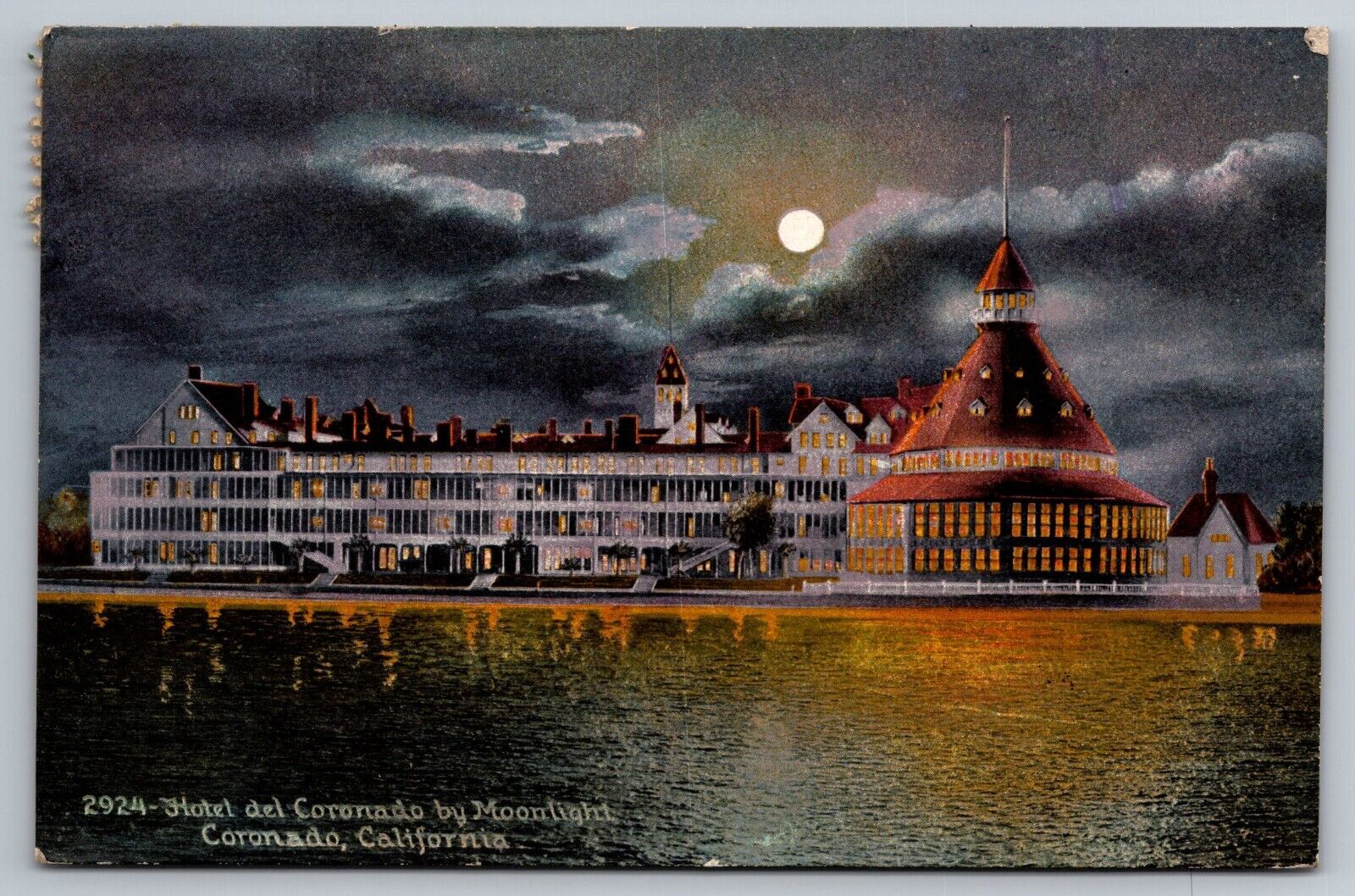 1915 Hotel del Coronado by Moonlight. California Postcard. 