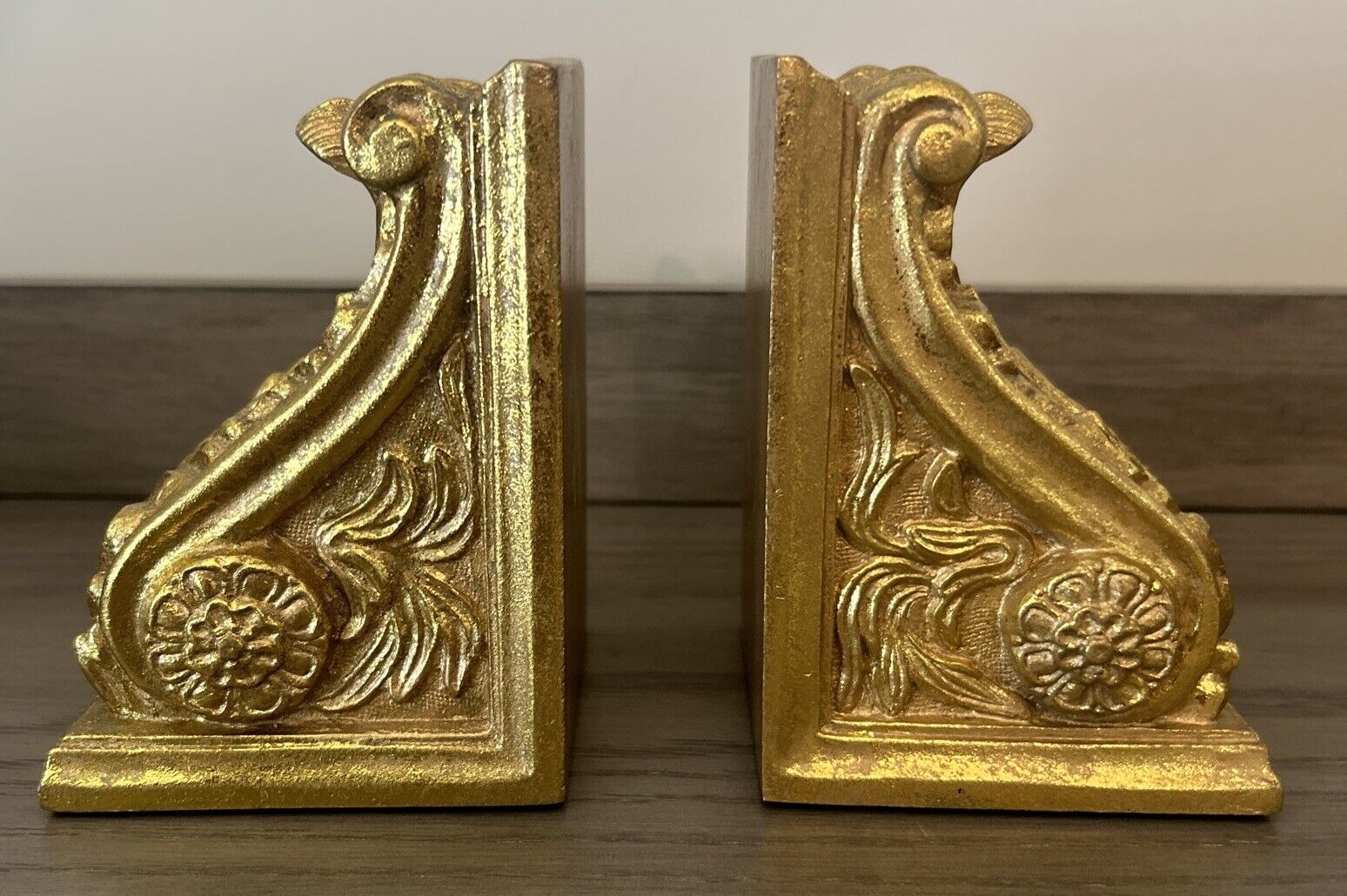 Gorgeous Bookends Art Deco Swirl Gold Gilt Scroll Corbels Heavy Block Pair EUC