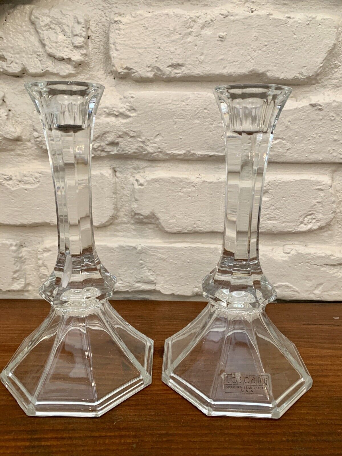 Pair Toscany 24% Lead Crystal Candlestick Holders Made in Romania 7 3/4” Tall