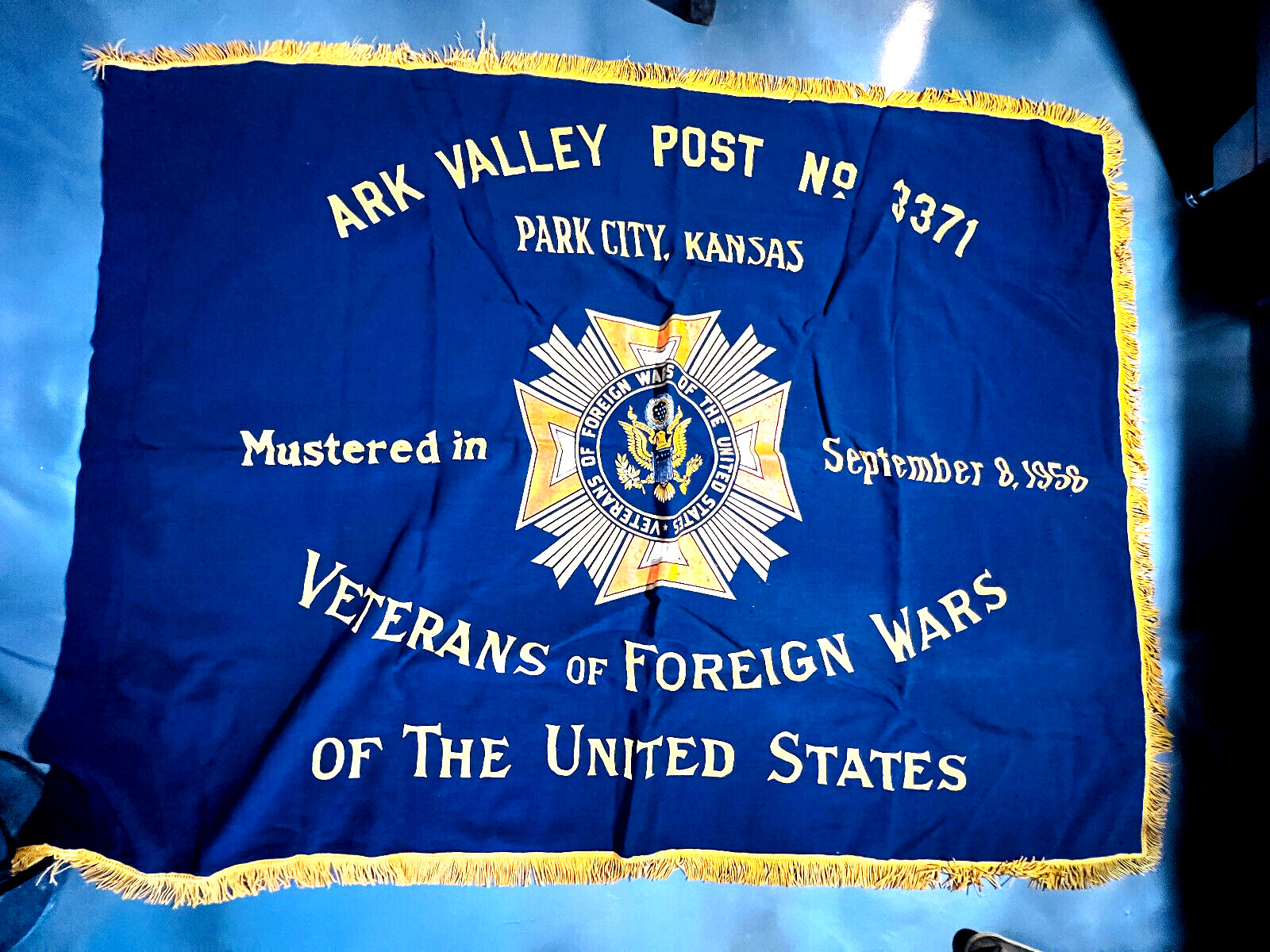 vtg 1958 VFW Veterans Hall Flag Banner Ark Valley Park City Kansas KS 50x66