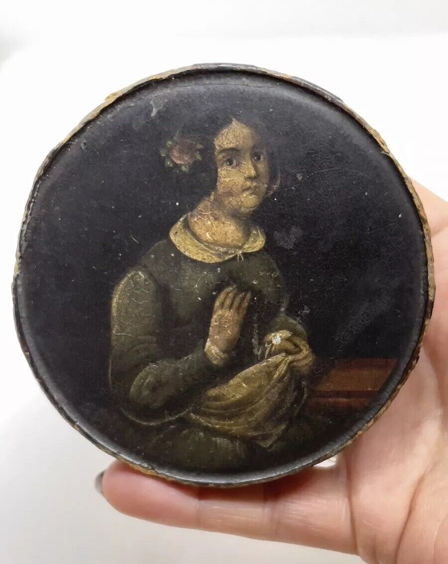 Antique Georgian Hand Painted Mache Snuff Box Young Lady 1830s UNIQUE