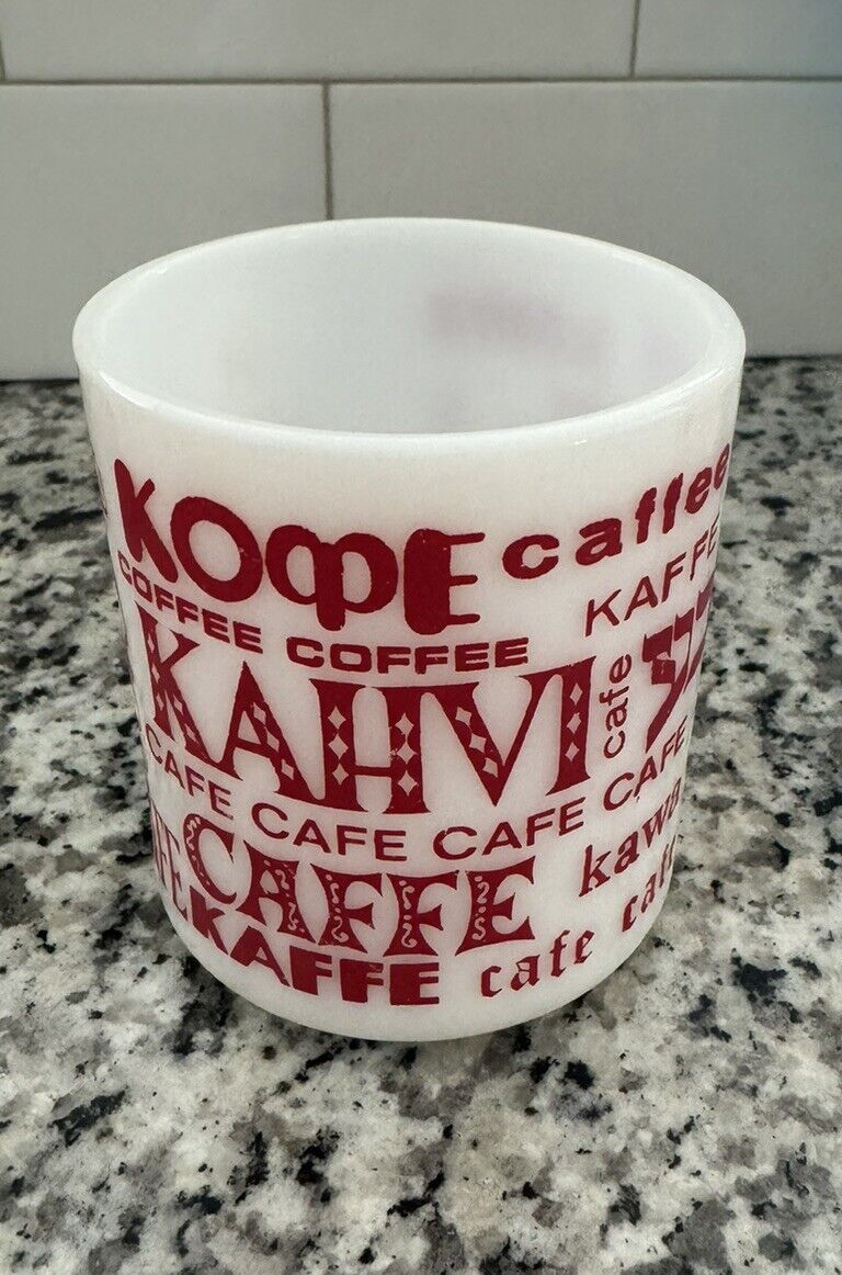 Vintage White Milk Glass Coffee Cup Mug with Red Lettering Cafe Kawa Kaffee D-63