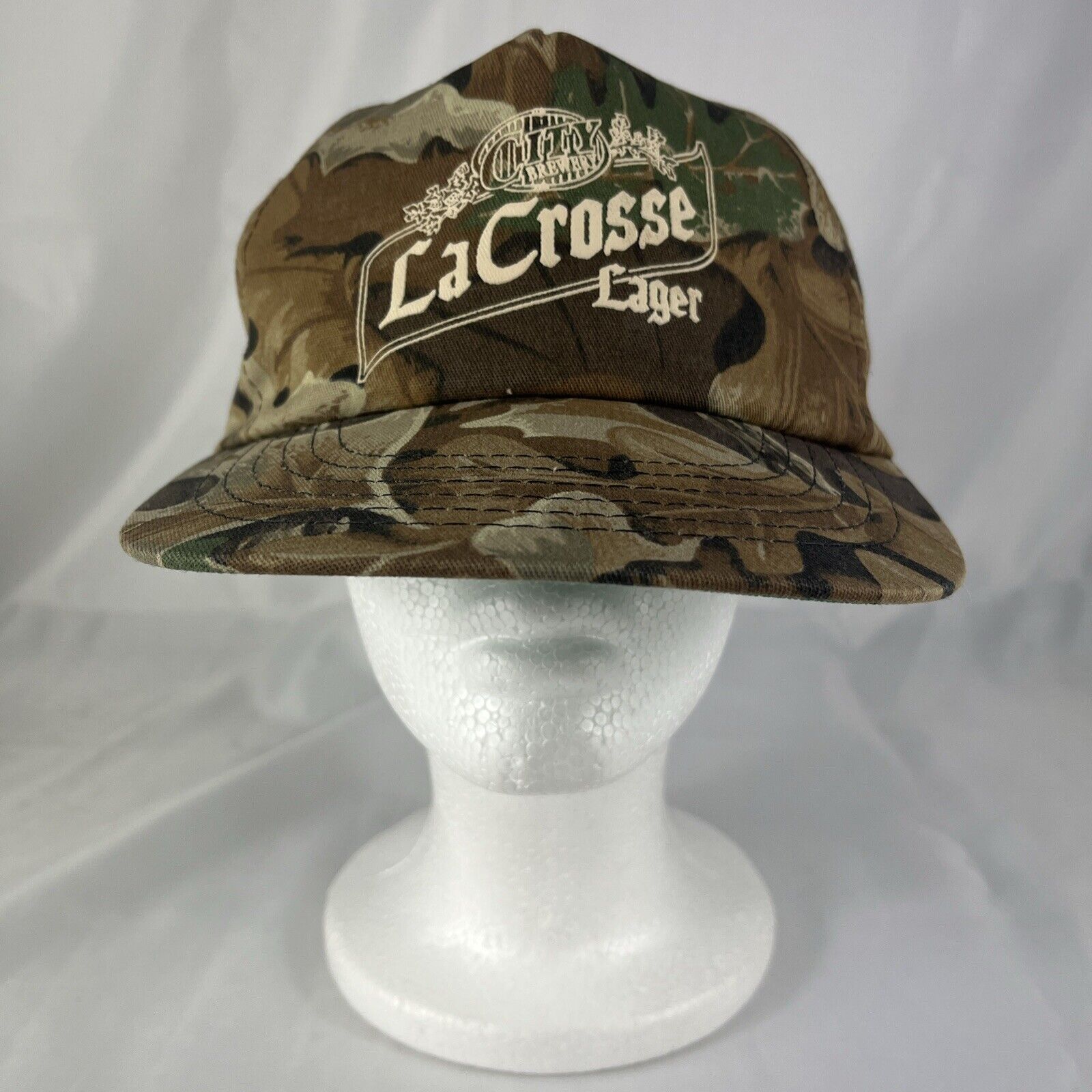 Vintage Lacrosse WI City Brewery Camo SnapBack Hat La Crosse Lager Made In USA