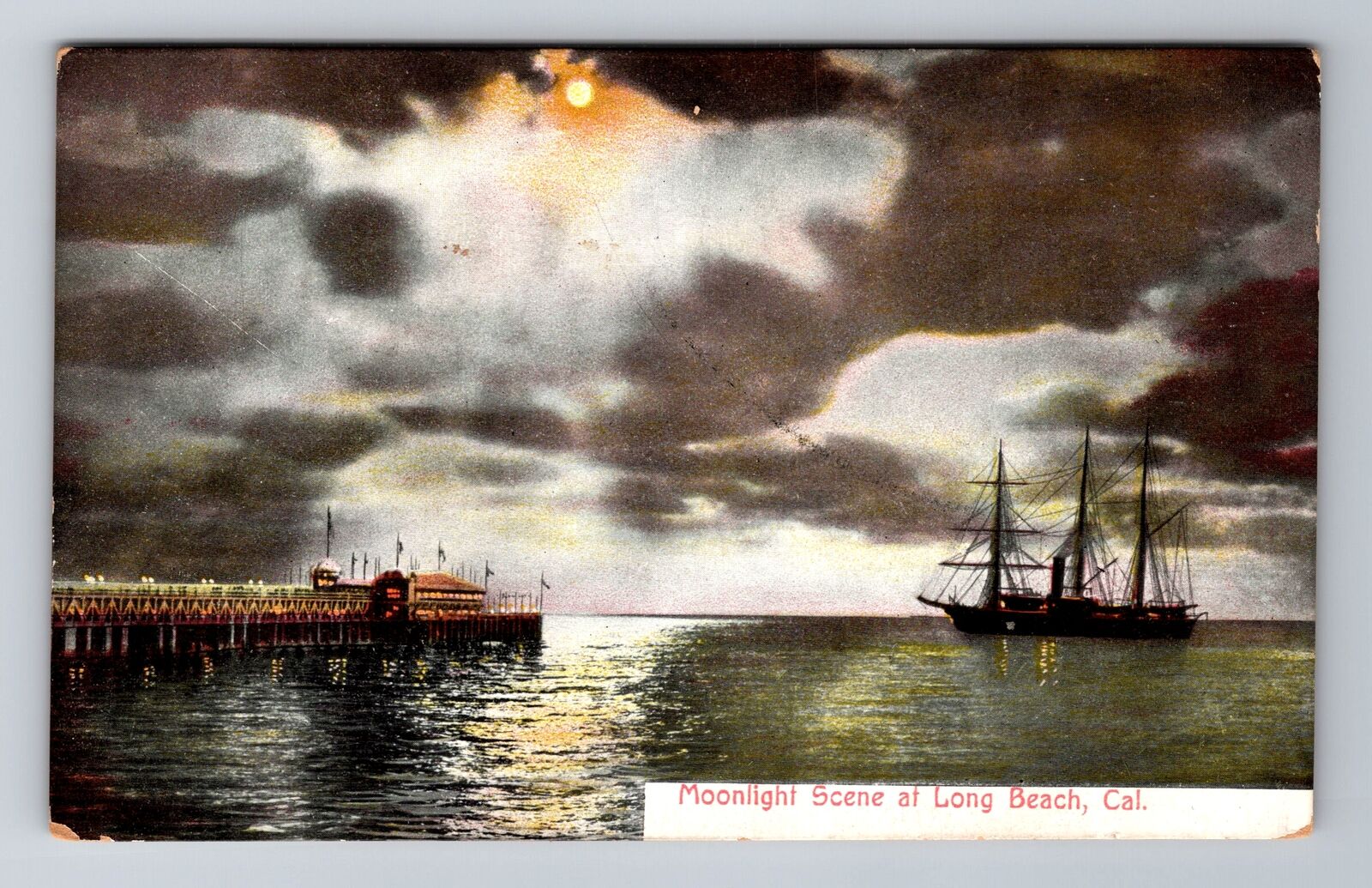 Long Beach CA-California, Moonlight Scene, Antique, Vintage c1907 Postcard