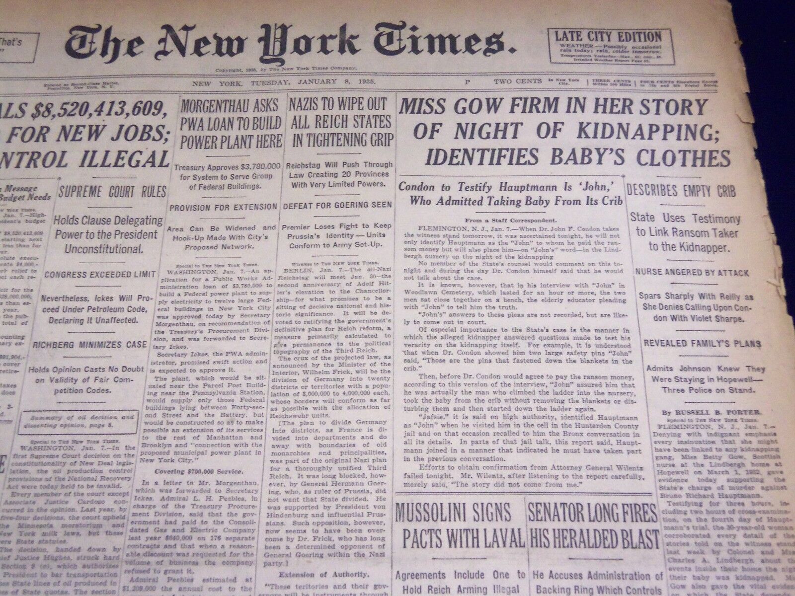1935 JANUARY 8 NEW YORK TIMES - MISS GOW FIRM IN STORY OF KIDNAPPING - NT 1925