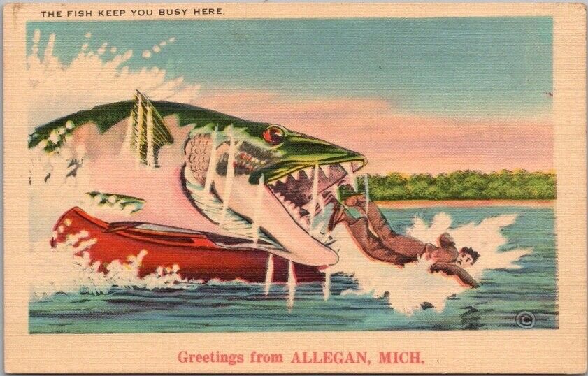 ALLEGAN Michigan Exaggeration Linen Comic Postcard 
