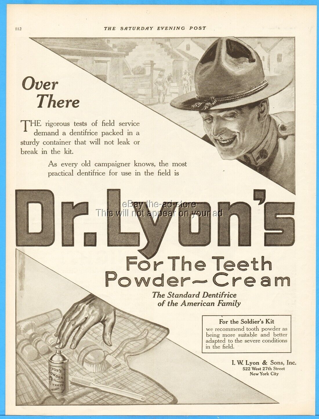 1917 Dr Lyon\'s Tooth Powder Ad WWI Soldier\'s Kit Art  522 W 22nd St New York NY