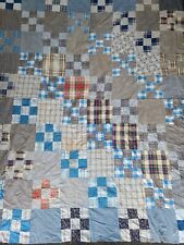 Antique Nine-Patch Quilt Top Patchwork 1900s Homespun Indigo Blue Plaid Fabric picture