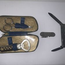 Vintage 1960s Zippered Blue Leather Accessory Kit W/ Dreko Opener, Knife + More picture