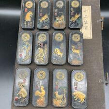 A set Chinese Ancient Ink block carved 12 zodiac statue Writing Ink Stick+box picture