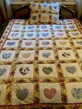 Vintage Hand Quilted Applique Hearts Patchwork Quilt 66”x86” With Sham picture