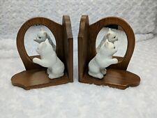 Vintage Pair Of Wood And Ceramic White Cat Kittens Bookends With Mirrors picture