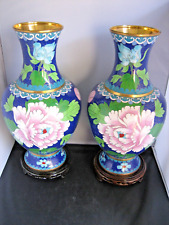 Pair large vintage Chinese hand made copper cloisonné enamel vases and stands picture
