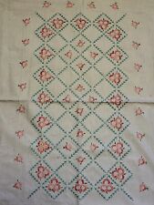 Vintage Embroidered Tablecloth. White with Pink & Teal Flowers. 65