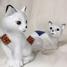Cat Figurine Pair, x2, Porcelain, Glazed, White & Patchwork, Vintage ❤️ picture