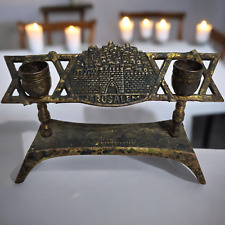 Antique Judaica Brass Menorah Candle Holder Jerusalem and Star of David Design picture