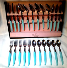 Vintage 1950's Robinson Stainless Steel Flatware TEAL Handle 23pc Set in Box-USA picture