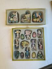 Vintage Miniature Easter Ornaments Hand Painted Tiny Wooden Bunny Rabbits Eggs picture