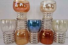 Lot of 7 Antique Gold Ring Ribbed Colored Goblets Barware Drink Glasses 2 Sizes picture