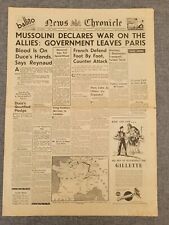 NEWS CHRONICLE WW2 MUSSOLINI DECLARE WAR 11 JUNE 1940 ORIGINAL NEWSPAPER picture