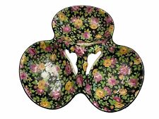 Vintage Floral 3 Part Candy Nut Trinket Dish Black Pink & Yellow Flowers Japan picture