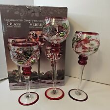 Holiday Hand Painted Glass Crackle Candle Holders Set of 3 Christmas Decor picture