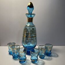Vintage Italian Aqua Blue & Gold Wine Glass Decanter Stopper & 6 Glasses Murano? picture
