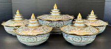 Thai Benjarong Porcelain Rice Bowls Set (5) Pattaya Handpainted 18k Gold picture