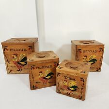 Set 4 Vintage Wooden Nesting Canisters Hand Painted Rooster & Flowers KITCHY MCM picture