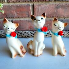 RARE Trio of Long Neck Kitschy Siamese Cat Figurines with Floral Rose Accents picture