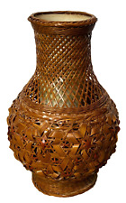 Vintage Mid Century 60s 70s Woven Boho Wicker Bamboo Rattan Ceramic Lined Vase picture