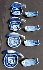 Vintage blue and white Porcelain dipping Bowl  Koi Fish Chinese/Japanese Set 8 picture